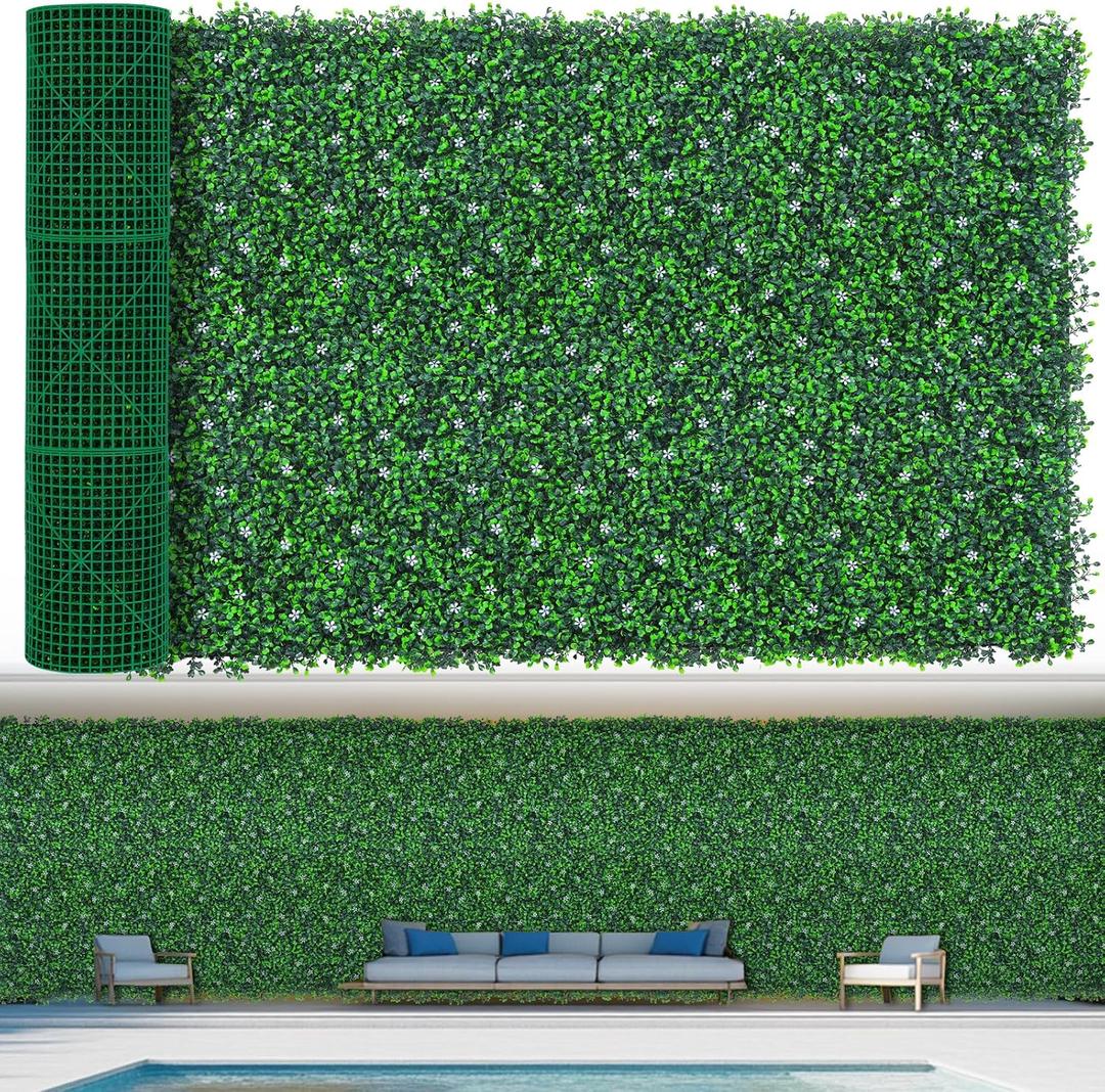 EverNture 48"x120"(40 SQFT) Grass Wall Panels, Artificial Grass Backdrop, Fake Greenery Plant Boxwood Roll with Flower, Green Wall Decor for Outdoor Indoor Patio Garden Backyard