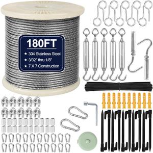 1/8" Wire Rope Kit 180FT Stainless Steel Aircraft Cable with M5 Turnbuckles, 7x7 Strand Core Vinyl Coated Guy Wire Tensioner Kit for Garden String Light, Pictuer, Clothes, Curtain Hanging