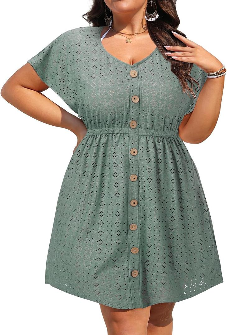 Plus Size Swimsuit Cover Up Women V Neck Swimwear Short Sleeve with Button | Coverups Beach Dress, pink, green, 20W (Green)