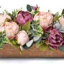 Pre-Made Flower Table Centerpieces for Dining Room Wedding Artificial Peony Table Decorations Wood Tray with Fake Flowers for Living Room Party Bar Kitchen Table(Dusty Mauve & Blush Pink)