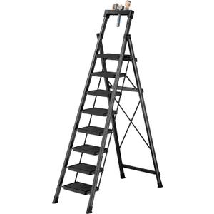 8 Step Ladder,Folding Step Stool with Tool Tray,330lbs Portable Sturdy Steel Ladder with Anti-Slip Pedal,Lightweight,Convenient Work Platform,Sturdy Carbon Steel Step Ladder for Adult,Garden,Garage