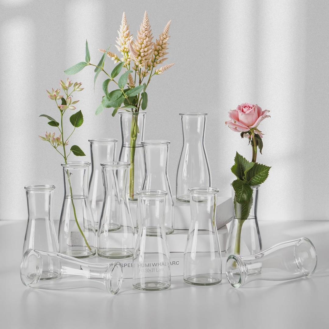 12 Flask Glass Bud Vases for Centerpieces, 5.6 H Transparent Centerpiece Vases for Wedding Bridal Shower Birthday Party Baby Shower Table Decorations Home Decor