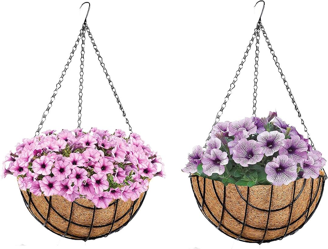 Deepthi Hanging Planter Baskets with Coco Coir Liners Pack of 2 Metal Wire Flower Pots with Chains Indoor Outdoor Porch Patio Garden Hanging Decor for Plants, Flowers, Herbs (12 inch)