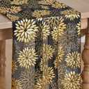 Artoid Mode Black Gold Dahlia Flower Gauze Table Runner 120 Inch 10FT, Glitter Metallic Foil Seasonal Sheer Dining Holiday Table Decor for Home Party