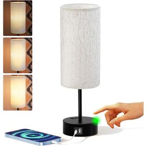 KPQ Small Bedside Lamp Touch Control Table Lamp with USB A+C Charging Ports & AC Outlet 3-Way Dimmable Nightstand Lamp with Linen Fabric Shade for Bedroom Living Room