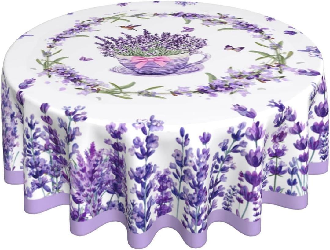 Lavender Flowers Butterfly Tablecloth Spring Summer Round Table Cover Washable Table Cloth for Home Kitchen Party Picnic 60 Inch