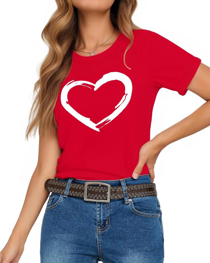 HERLOLLYCHIPS Women Cute Heart Graphic Crewneck Short Sleeve Regular Fit Casual Tee T-Shirts Tshirt Tops (Large, B Red)