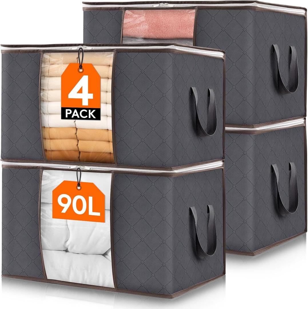 Lifewit 4 Pack 90L Clothes Storage Bins with Lids, Foldable Blanket Storage Bags with Zippers, Clear Window and Reinforced Handles, Closet and Organization for Clothing, Sweater, Comforter, Bedding