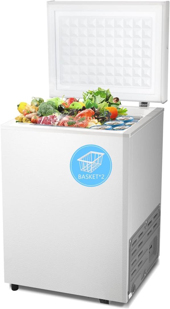 Chest Freezer 2.8 Cubic Feet Compact Freezer with 2 Removable Baskets, Free Standing Top open Door Deep Freezer, Adjustable Temperature for Home Dorm, Bar, Basement, Kitchen (White)