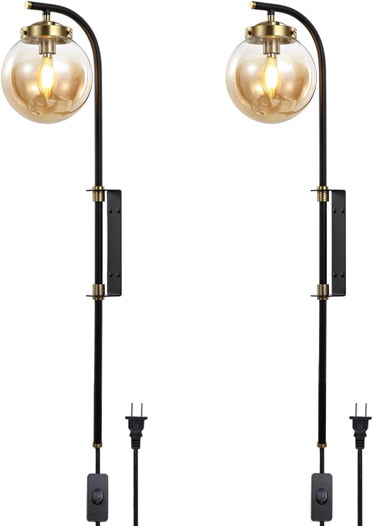 ELEHINSER Black Wall Sconces Set of 2 with Globe Shade, Modern Indoor Plug in Wall Lamps with Switch, Angle Adjustable Light for Bedroom Living Room Study Hallway Bedside