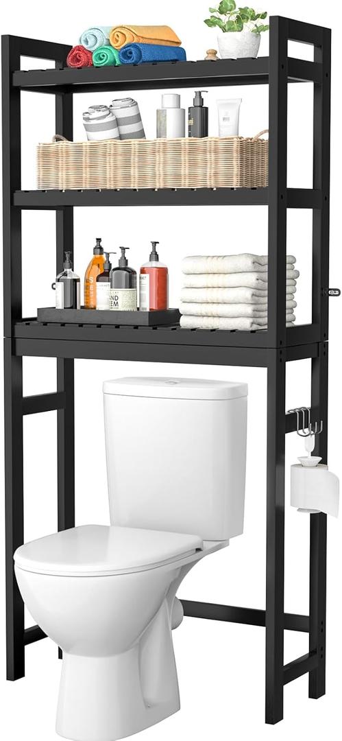 Homykic Bamboo Over The Toilet Storage Shelf, 3-Tier Above Toilet Storage Organizer Rack with 3 Hooks, Freestanding Bathroom Tower Shelf Unit for Small Space, No Rust, Easy to Assemble, Black (10.3"D x 24.8"W x 66.8"H)