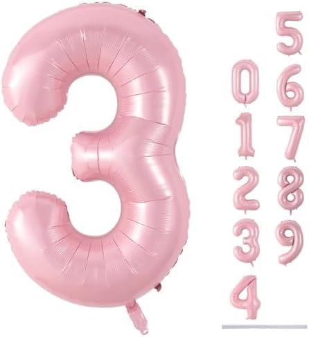 Pastel Pink Number 3 Balloon, 40 Inch Giant Pearl Light Pink Helium Foil Number 0-9 for Girls, Self Inflating 3rd Birthday Balloon for Women Anniversary Baby Shower Princess Party Decorations Supplies