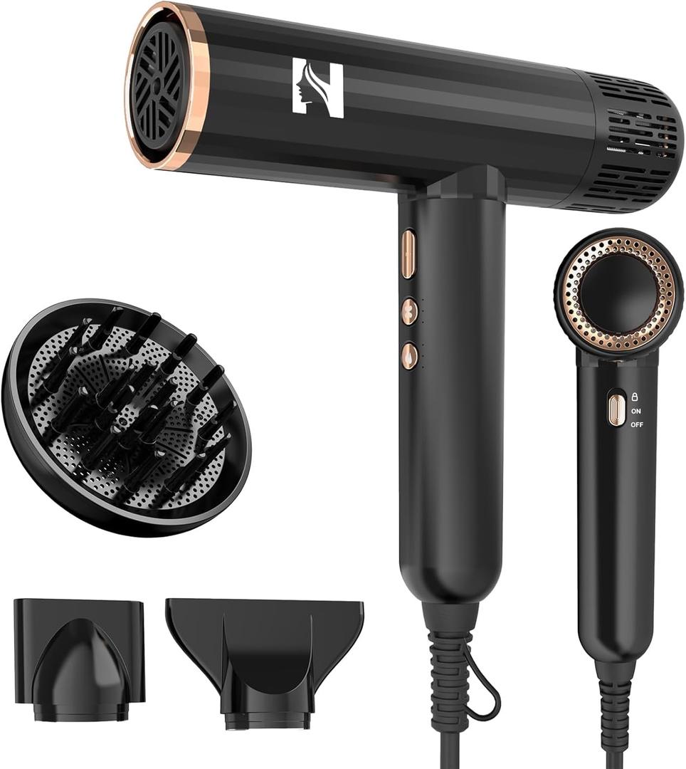 Nicebay Ionic Hair Dryer with diffuser for Curly Hair,1600W &110000RPM High-Speed Brushless Motor for Fast Drying,Professional Blow Dryer for Women,Low Noise,Lightweight,Lock Function,Travel HomeSalon (Black&gold)