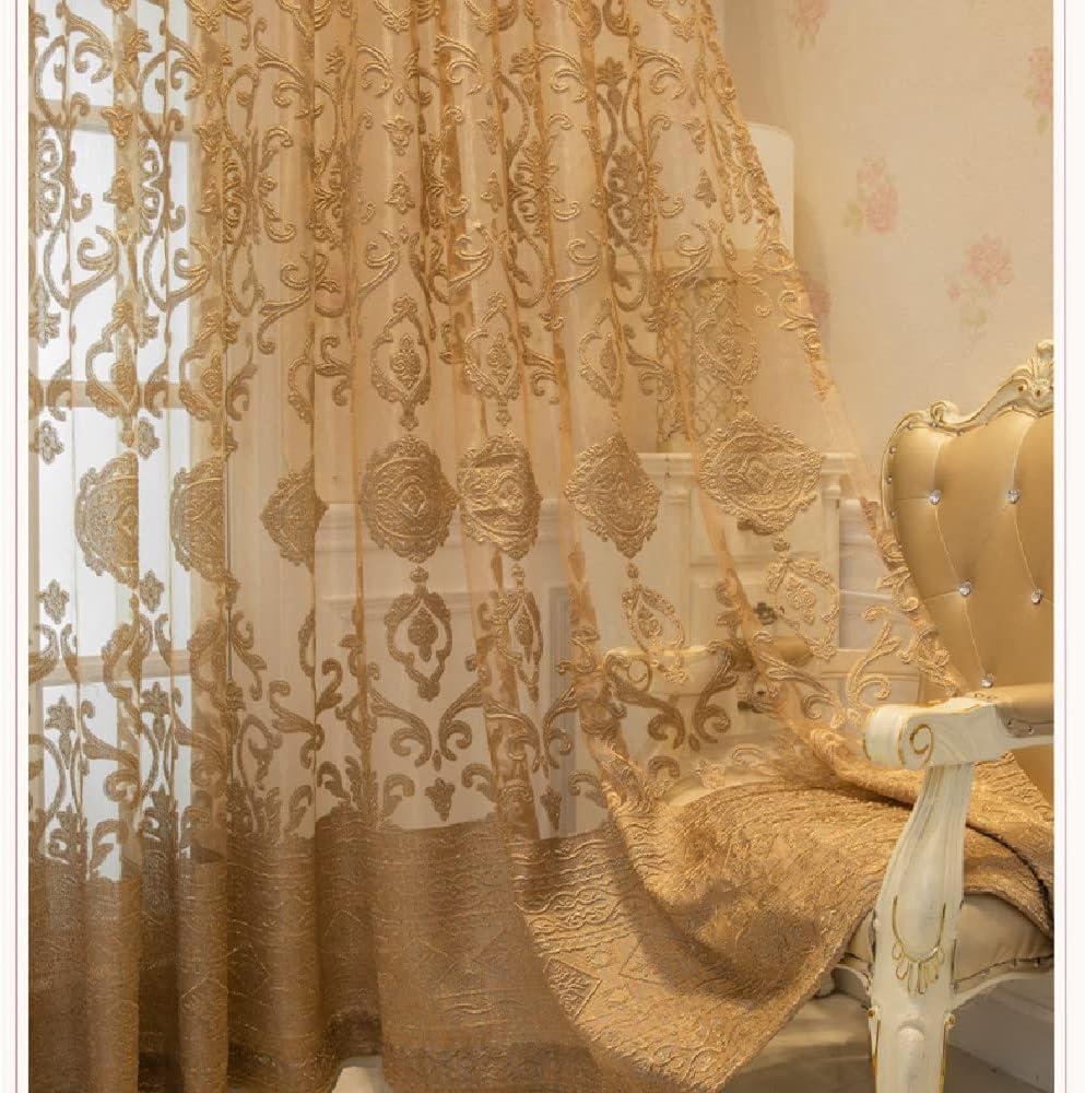 Amidoudou 1 Pair Luxury European Sheer Curtains Hollow Embroidered Tulle Curtains for Bedroom Living Room (Gold,54x84 Inch)