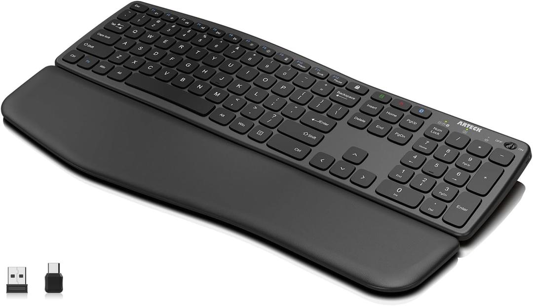 Arteck Multi-Device Ergonomic Wireless Bluetooth Keyboard with Nano USB-A, USB-C Type C Receiver Palm Wrist Rest Full Size Keyboard for Windows iPad OS Android, Computer Desktop Laptop PC Tablet