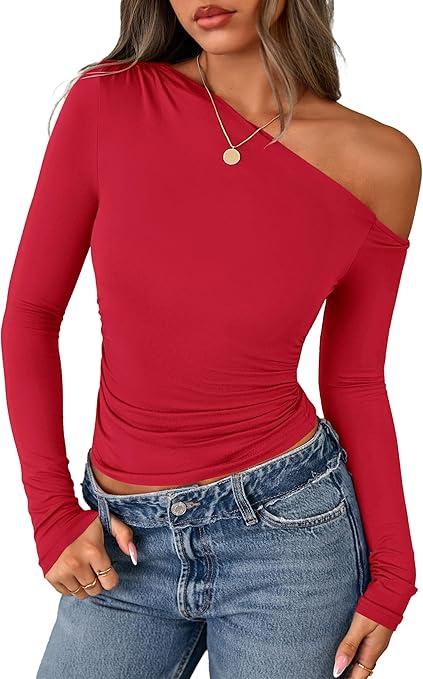 PRETTYGARDEN Womens Off Shoulder Long Sleeve Shirts 2026 Fall Ruched Fitted Asymmetrical Going Out Tops Trendy Y2K Clothes (Medium, Red)
