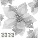 KI Store Dark Green Christmas Poinsettia Flower Set of 6 Large Artificial Velvet Magnolia Flower Picks Stems for Xmas Tree Decorations