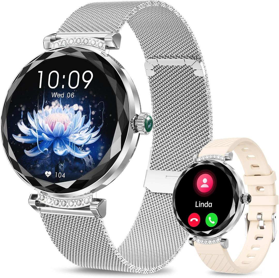 niolina Smart Watches for Women Answer/Make Call, 1.19" AMOLED Smartwatch with Bluetooth for Android iOS Phones, IP68 Waterproof Fitness Tracker with Heat Rate Blood Pressure, 120+ Sports, Silver