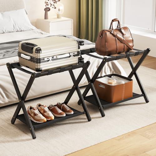 Fully Assembled Luggage Racks Set of 2, Bamboo Luggage Rack for Guest Room, Foldable Suitcase Stand with Fabric Storage Shelf for Bedroom, Hotel, Holds up to 165 lb, 26.77 x 16.93 x 22.5 Inches, Black