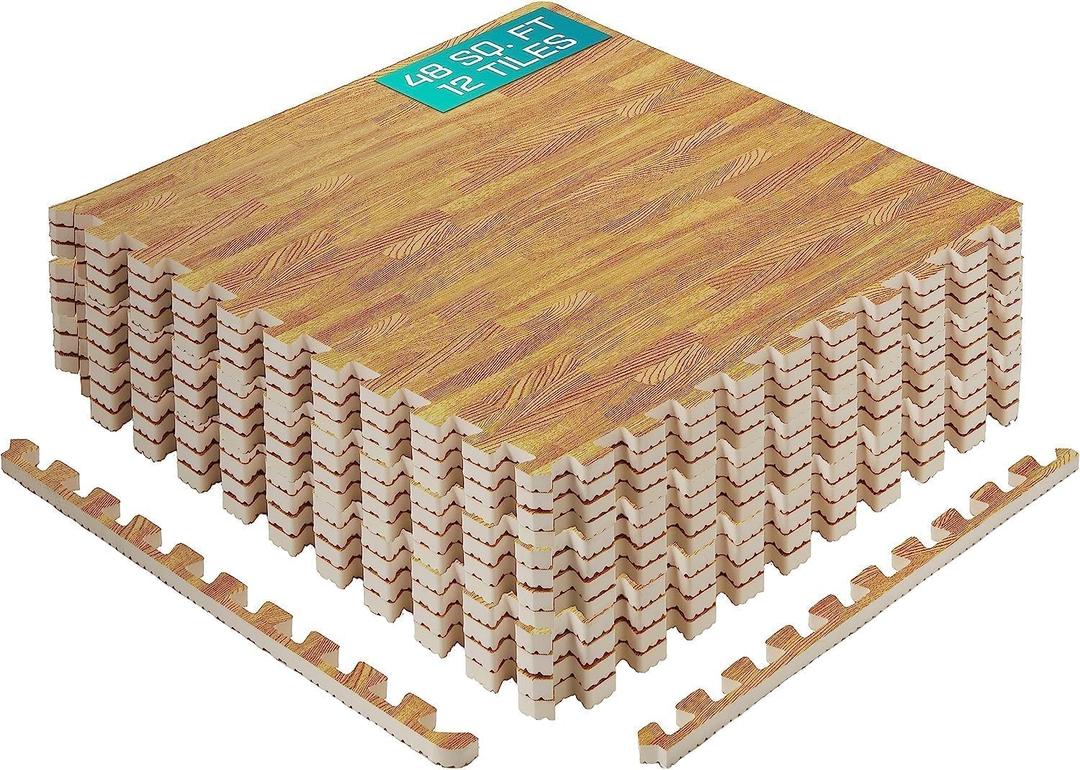 Yes4All 48SQ.FT Wood Grain Puzzle Exercise Mat Protective Flooring, EVA Interlocking Foam Floor Tiles with Border for Home (F. 48 Square Feet (12 Tiles) - Light Oak Wood)