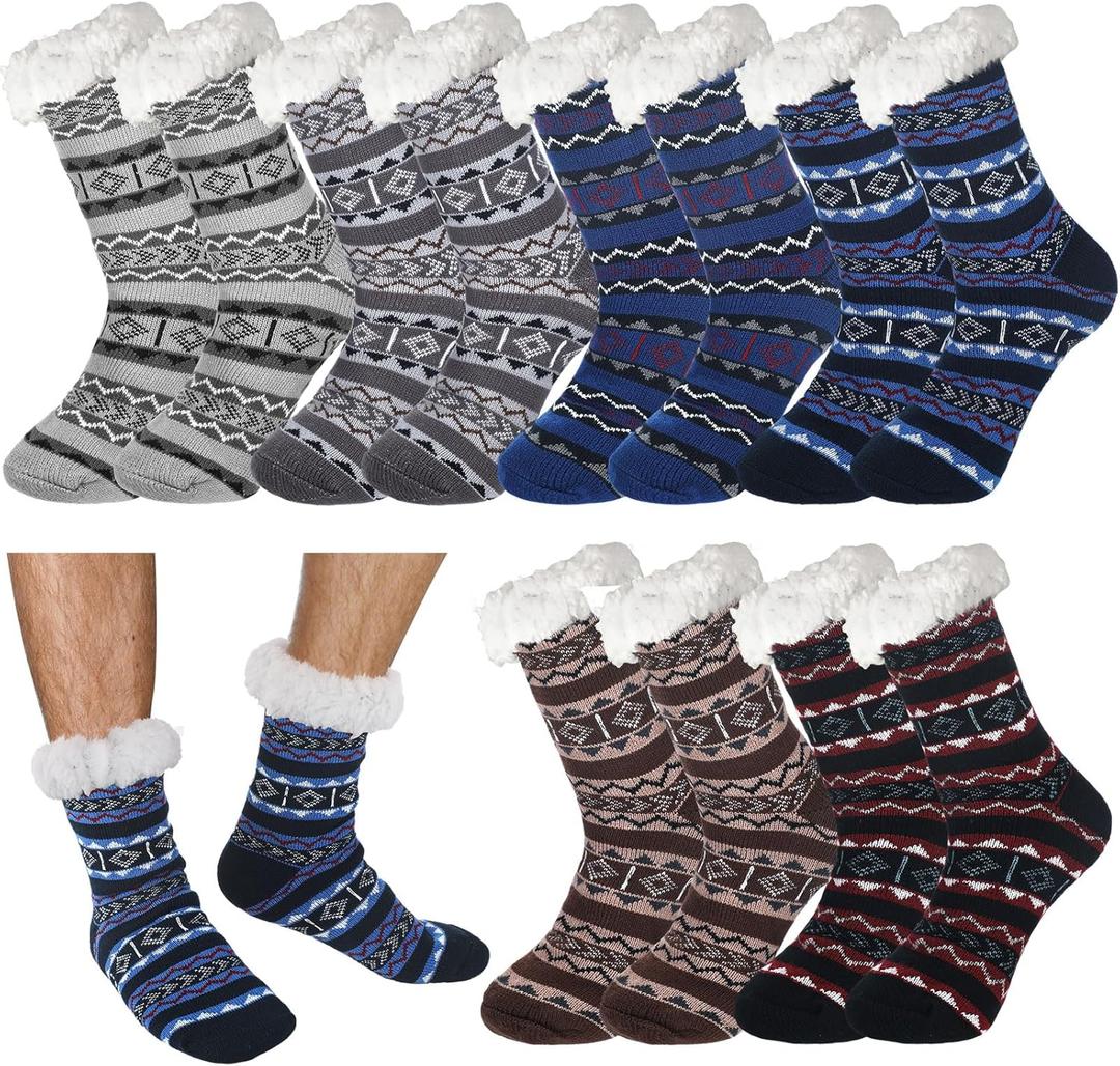 Liitrsh 6 Pairs Men's Fuzzy Slipper Socks with Grip Winter Non Slip Fluffy Winter Warm Lamb Fleece Socks for Holiday Gifts, Novel Style