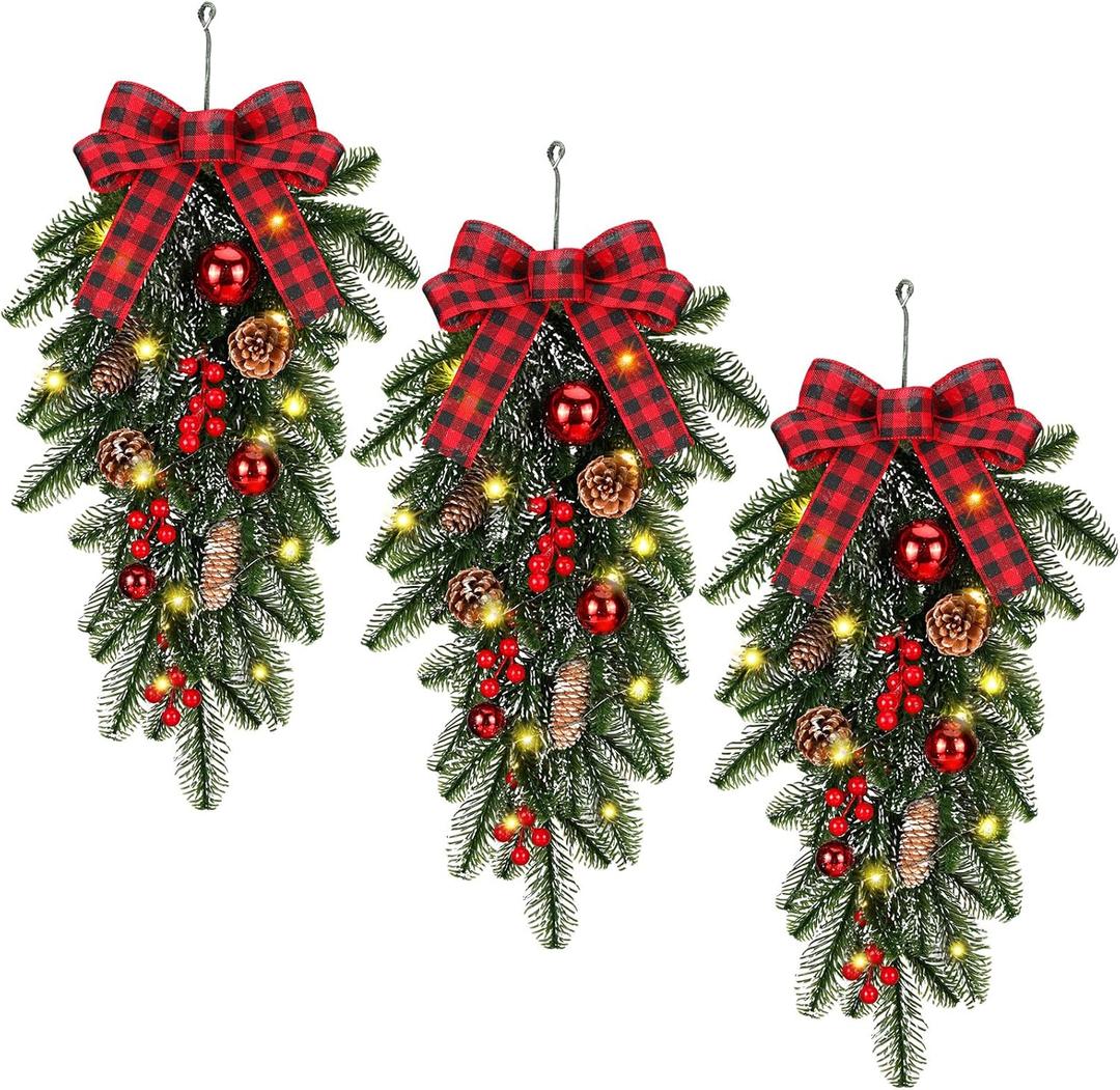 Craftsatin 3 Pcs Christmas Teardrop Swag 24 Inch Pine Branch Swag Stairway Swag Prelit Tear Drop Christmas Wreath with Warm Lights Christmas Decoration for Door Indoor Outdoor Home Hanging Decor