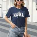 Funny Mama Bow Shirts for Women Checkered Mom T-Shirt Momma Graphic Short Sleeve Tee Top (Blue, S)