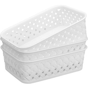 MaxGear Organization and Storage 3 Packs, Plastic Bins Organizer Bins, Woven Baskets for Storage, Plastic Baskets with Handles, White Basket for Organizing, Basket Organizer for Home and Office, Small