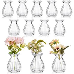 12 Pieces Glass Bud Vases for Centerpieces Bulk 3.5 Inch Mini Flower Bouquets Vases Small Cute Crystal Ribbed Glass Bud in Bulk for Wedding Baby Bridal Shower Table Party Home Decor (Clear)