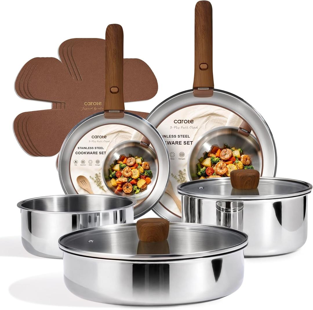CAROTE 13 PCS Tri-Ply Stainless Steel Cookware Set with Detachable Handle, Pots and Pans Set, Induction Kitchen Cooking Sets, RV/Camping Cookware, Oven Safe