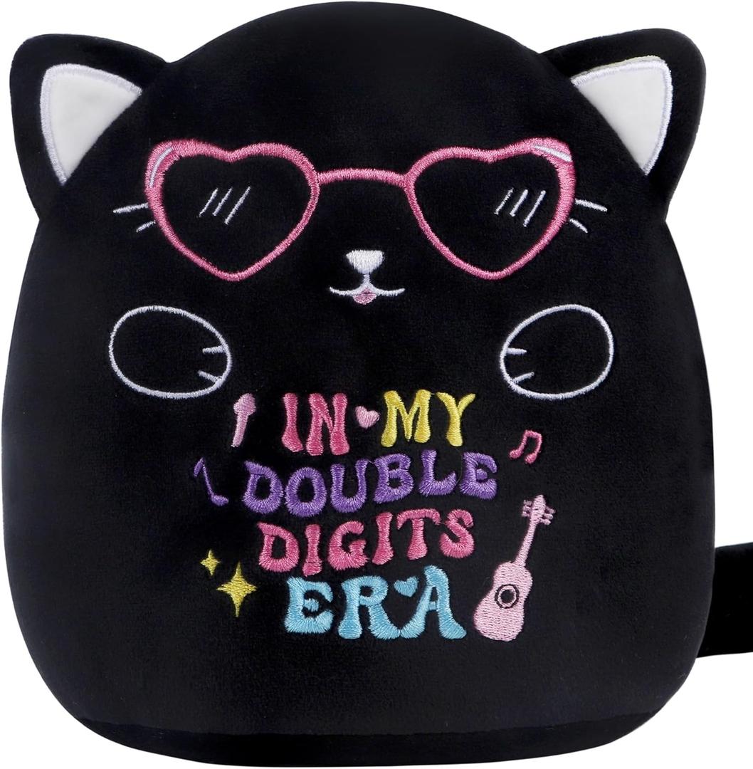 Cat 10th Birthday Stuffed Animals: 8-Inch in My Double Digits Era Gifts for Girls, 10th Birthday Black Cat Plush Toy for Girl Kids, Cute Plushie Pillow with Heart Glasses, Party Decor