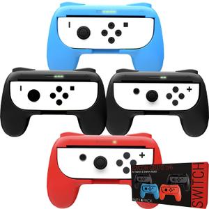 Orzly Grips for Nintendo Switch Joycon Controller Grips for Super Smash Brothers and Other Games Party [4 Pack] Joy-Cons Grips with LED Light Edition - Patented Design (1x RED & 1x BLUE & 2 BLACK)