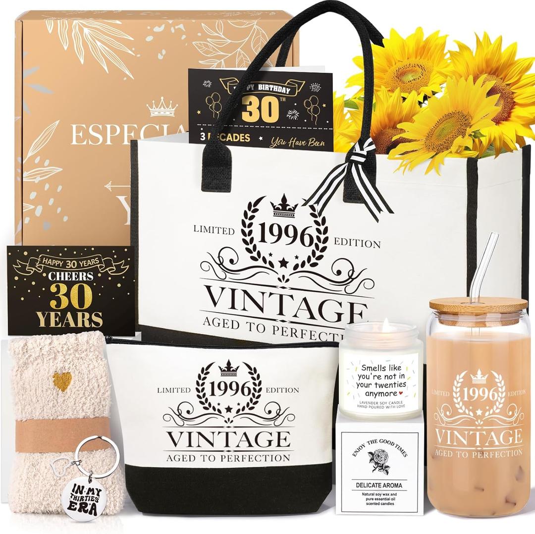 iAOVUEBY 30th Birthday Gifts for Women, Cool Gifts for 30 Year Old Woman, Thirty Birthday Canvas Tote Bag Tumbler Candle Gift Basket Ideas Daughter Mom Sister Friend Wife Coworkers