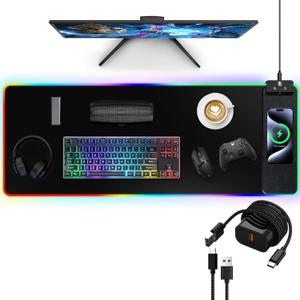 Mouse Pad with Wireless Charging, Large Desk Mat RGB Gaming Mousepad, 10 Light Colors LED Gaming Pad Keyboard Pad with Ultra-Smooth Surface & Non-Slip Rubber Base, Waterproof Full Desk Mouse Pad (Black-RGB+Wireless Charging+20W PD Adapter)