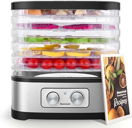 Seeutek Food Dehydrator, 5 BPA-Free Trays, Adjustable Temperature Control
Dehydrators for Jerky, Fruit, Herb & Dog Treats, Recipe Book, Adjustable Dishwasher Safe Trays, Compact Size for Tabletop