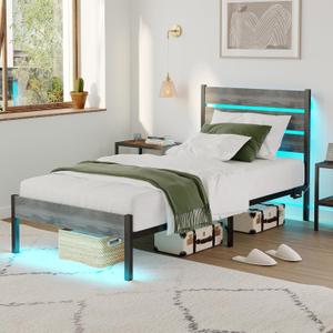 Twin Size Bed Frame with Charging Station, LED Light Metal Bed Frame with Wooden Headboard, No Box Spring Required, No Noise, Easy Assembly, Light Grey