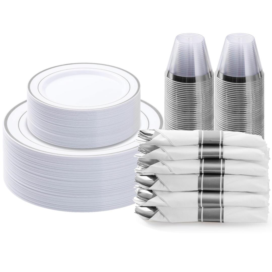 BESTVIP 875 Piece Silver Plastic Dinnerware Set for 125 Guests