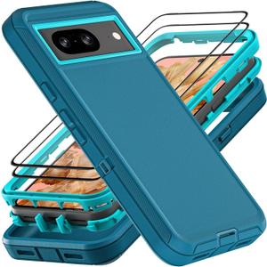 for Google Pixel 8 Case, Military Grade 3 in 1 Heavy Duty Shockproof/Drop Proof/Dust Proof Case with 2Pcs Tempered Glass Screen Protector (Blue/Turquoise)