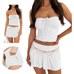 Hafailia Summer Two Piece Outfits for Women Y2K Going Out Tie Ruched Tube Crop Tops Low Rise Pleated Mini Skort Skirt Sets (Large, White)