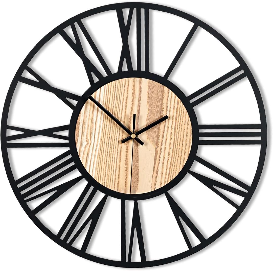 20inch/50cm Large Wall Clocks for Living Room Decor, Bedroom, Battery Operated, Metal, Decorative, Analog, Silent, Non-Ticking Big Wall Clock (Wooden Roman Numerals, 20 inches)