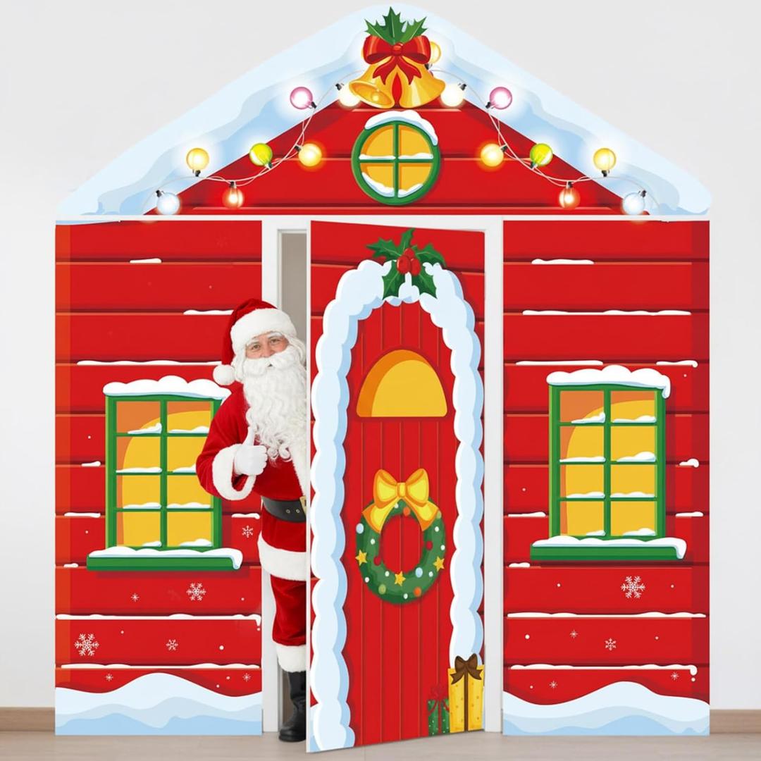 Christmas Door Decoration Santa Workshop Door Cover Christmas Holiday Red House Hanging Backdrop Xmas Porch Banner for Winter Holiday Outdoor Garage Classroom Home Decor