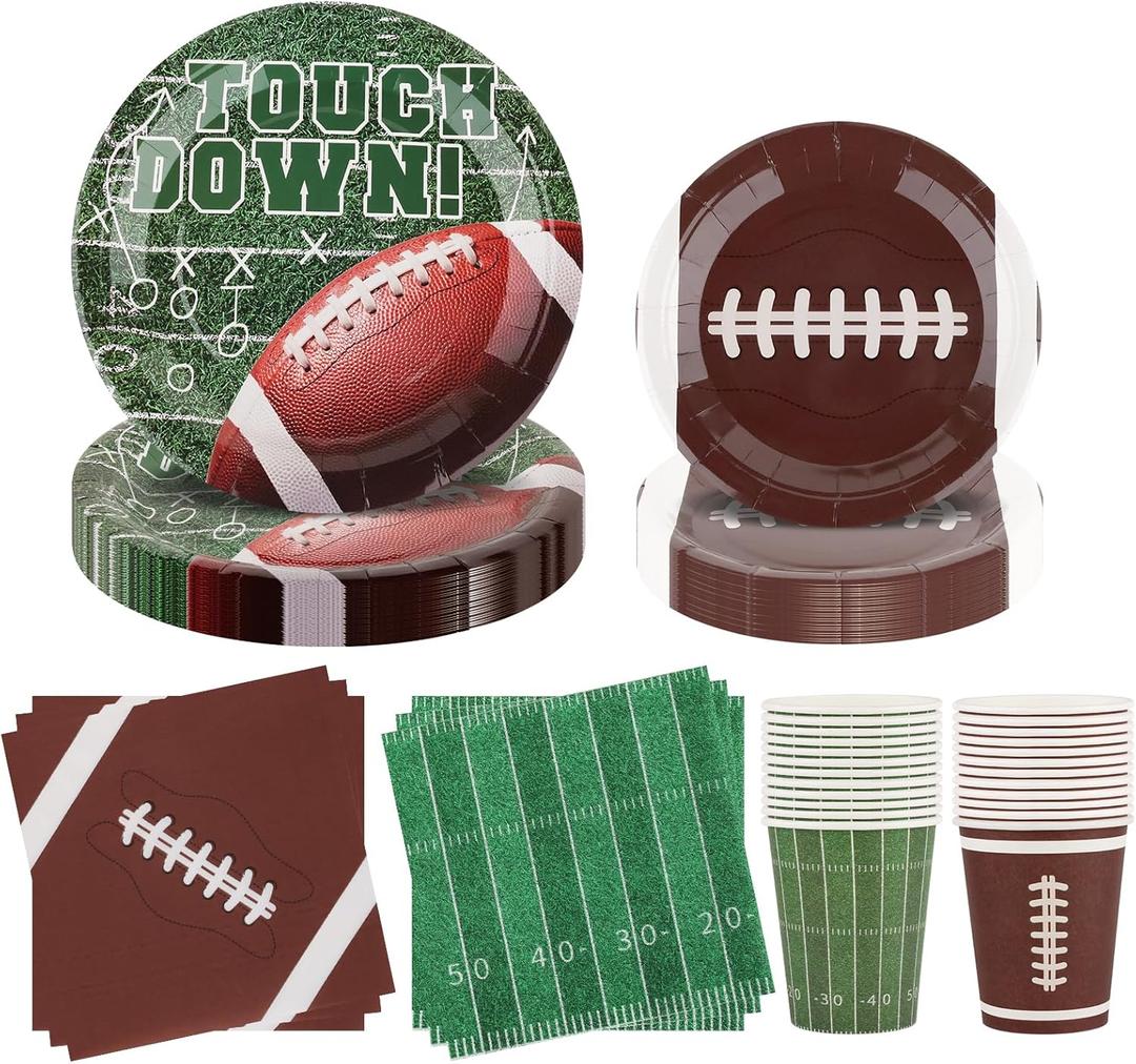 Football Party Supplies Set for 24-Disposable Paper Plates and Napkins, Cups, Touchdown Football Tableware Party Decorations for Birthday Themed Game Day Tailgate Table Decor