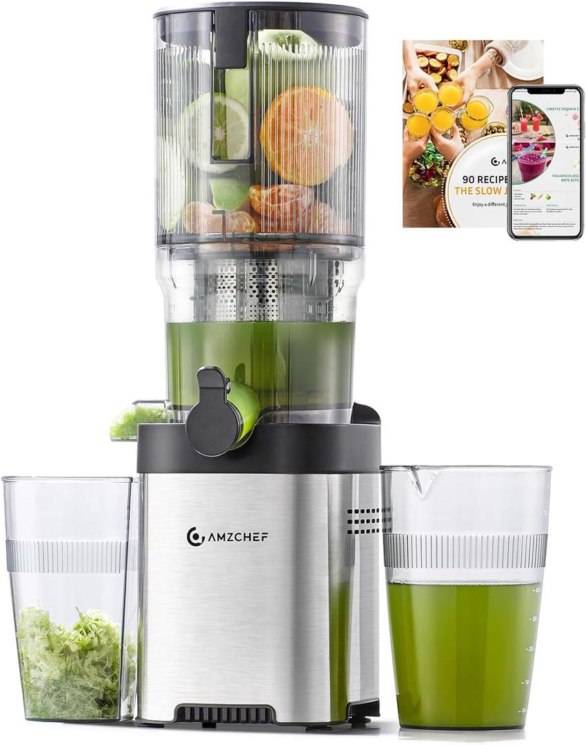 AMZCHEF Cold Press Juicer, 5.2" Juicer Machines with Large Feed Chute for Whole Fruits & Vegetables, Stainless Steel Juice Extractor with Large Auger, Triple Strainers, Easy Cleanup & Assembly (Silver)
