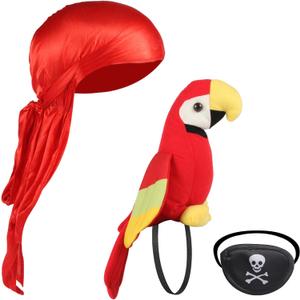 Pirate Parrot Accessory Set  Plush Shoulder Parrot, Bandana, Eye Patch & Cleaning Cloth  3-Piece Costume Kit for Kids & Adults, Halloween, Cosplay & Dress-Up (Pirate Accesories Set 3-pack)
