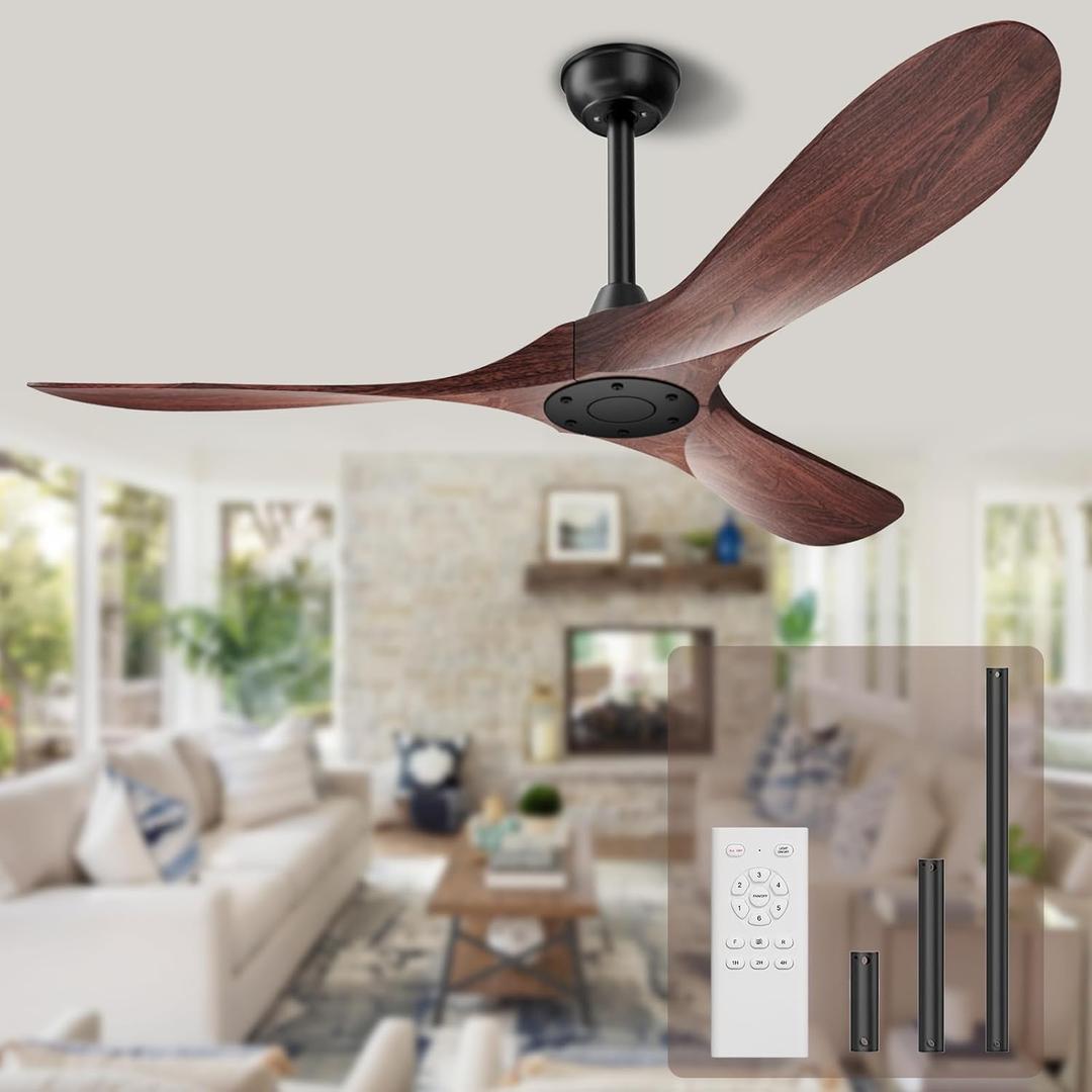 Ceiling Fan No Light, 52 in Outdoor Ceiling Fans with Remote Control without Light, 3 Blades, 6 Speed Reversible DC Motor Modern for Patios, Kitchen, Bedroom, Porch