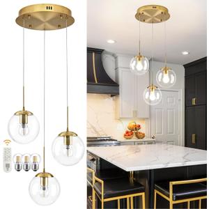 KoKo&Yukina 3-Light Globe Glass Pendant Light Modern Gold Clear Globe Glass Chandelier Adjustable Length Pendant Lights Fixtures High Ceiling Light for Kitchen Island Foyer (Bulb & Remote Incl.)