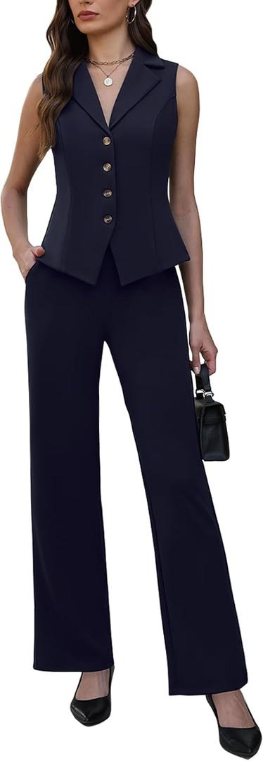 Agenlulu Women's 2 Piece Suits Sleeveless V Neck Outfits Summer Vest Blazer with Straight Leg Pants Business Casual Sets Navy Blue (M)