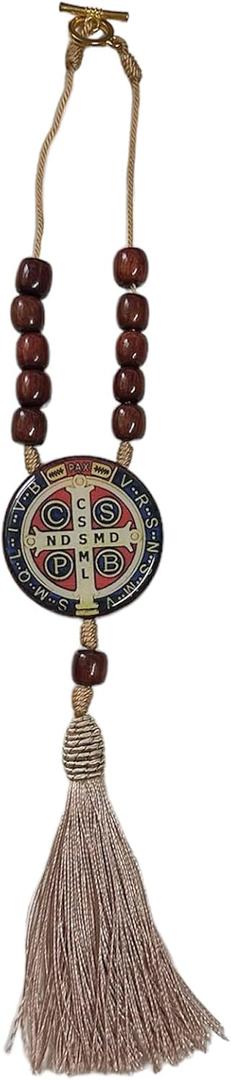 Catholica Shop St. Benedict 11-Inch Car Rosary - Wood Beads with Round Wood Medal, Handcrafted in Brazil, Perfect for Home, Travel, and Catholic Devotion Gifts