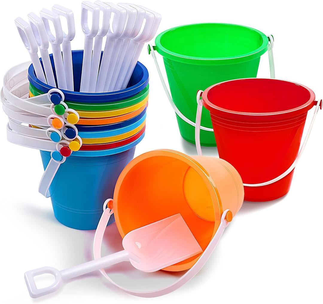 Sloosh 12 Sets Sand Buckets with Shovels for Kids Beach Pails Toys Party Favors Pail Set Plastic Bucket with Handles, Medium