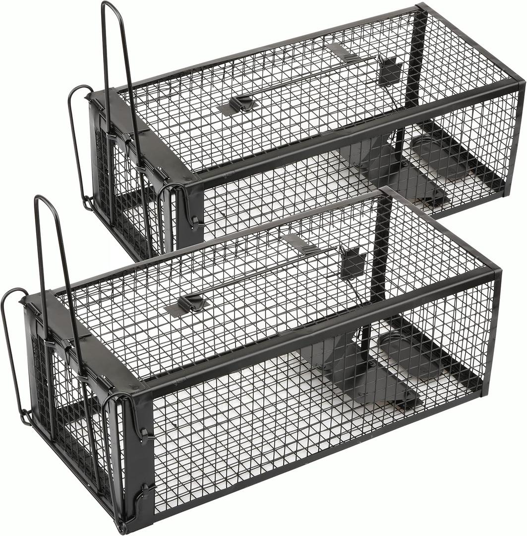 Anyhall 2-Pack Rat Traps Humane Live Mouse Vole Chipmunk Trap Cage for Indoors and Outdoors (Black)